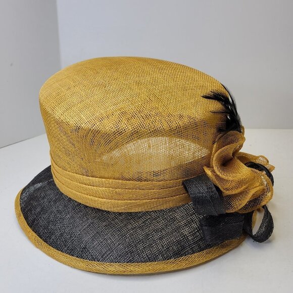 Beige and Black Twist Bow Knot Feathers Structured Sinamay Dress Hat Derby Hat - Picture 8 of 12